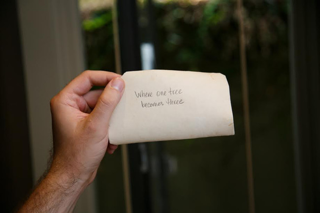 Foto taha oli kirjutatud, " Kus ühest puust saab kolm."